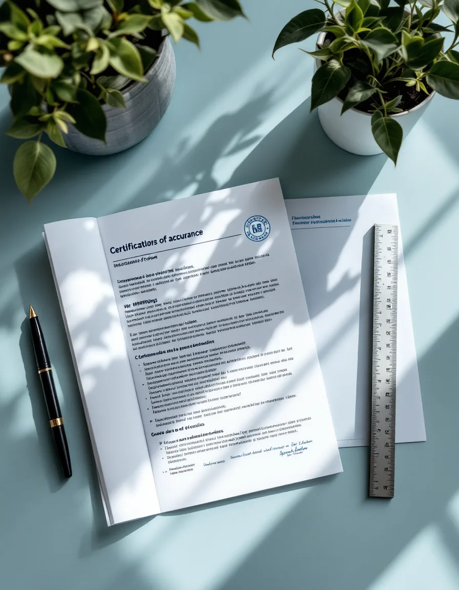 A printed Spanish instructions-for-use booklet next to a signed certificate of accuracy with a blue stamp